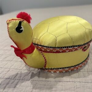 Vintage Turtle Sewing Box / Trinket Box | Yellow Satin Novelty Storage
